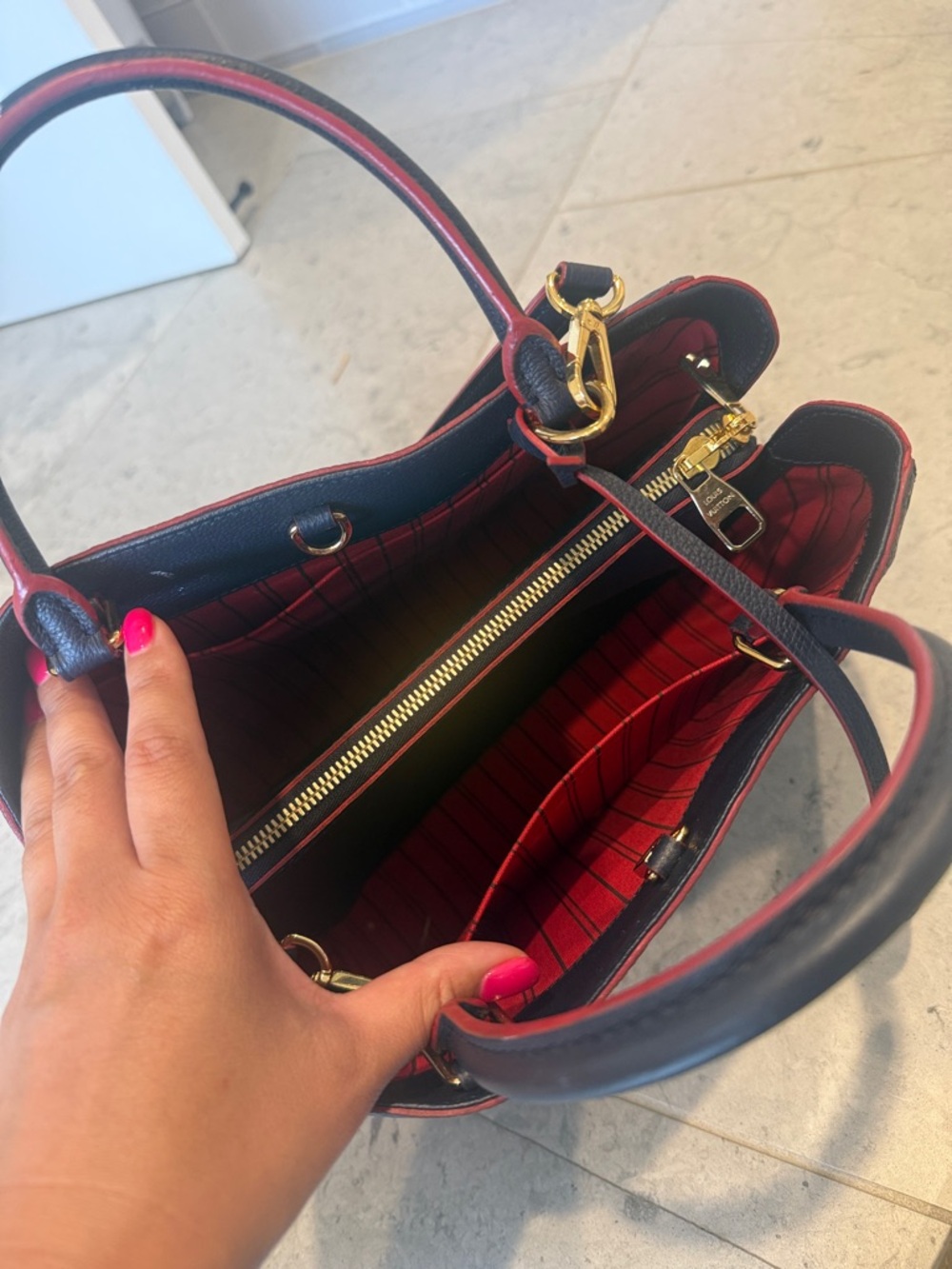 Louis Vuitton Midnight Blue Monogram Embossed Satchel with Red Trim - Picture 2 of 5
